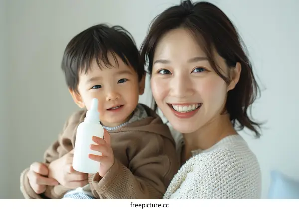 A young woman is holding a baby in her arms and smiling at the camera.