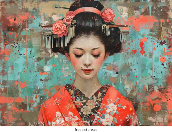 Portrait of a Japanese woman with red kimono and pink roses in her hair