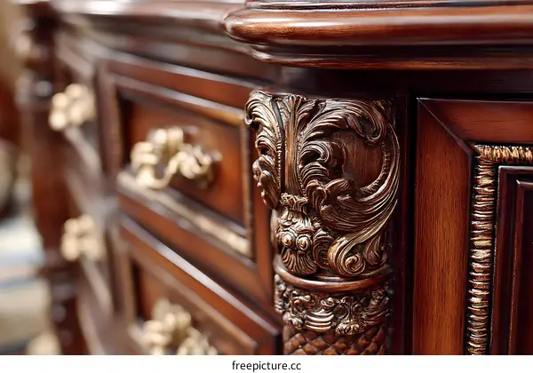 Ornate Wooden Chest of Drawers Detail
