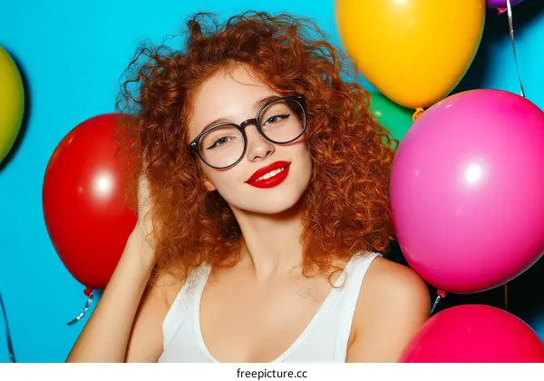 Young Woman with Red Hair and Colorful Balloons