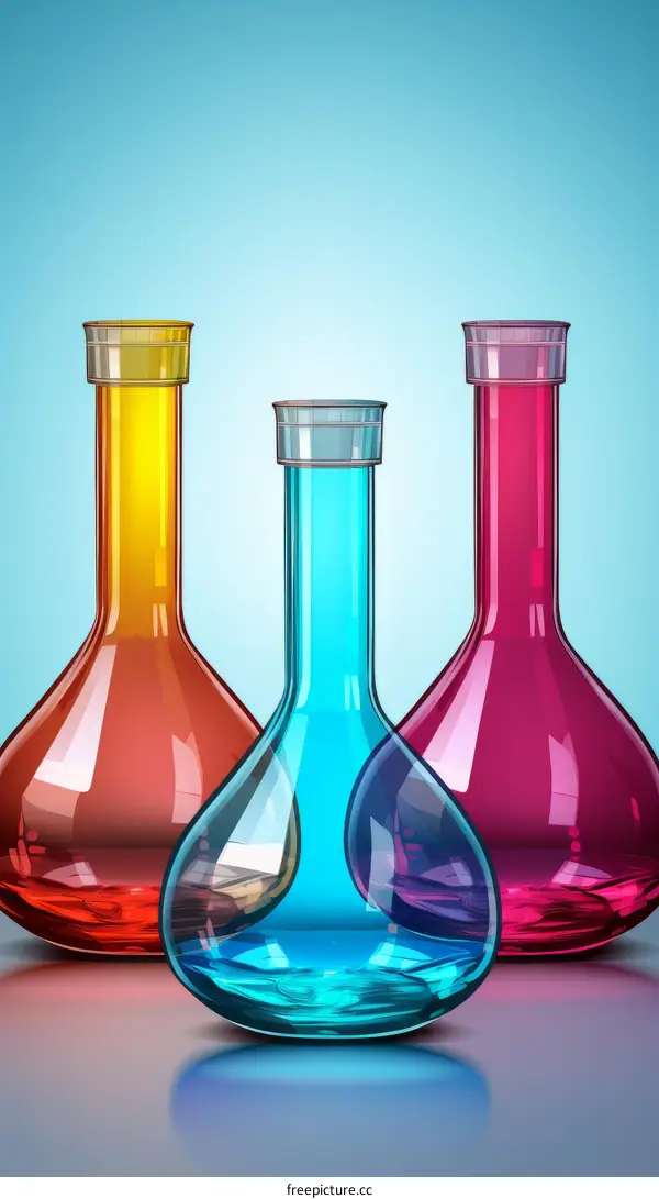 Three Colorful Chemistry Round Bottom Flasks