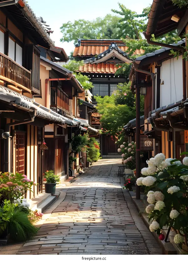 A narrow alleyway in a traditional Japanese town with flowers and trees