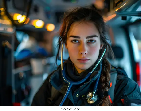 Portrait of a female paramedic wearing a stethoscope around her neck