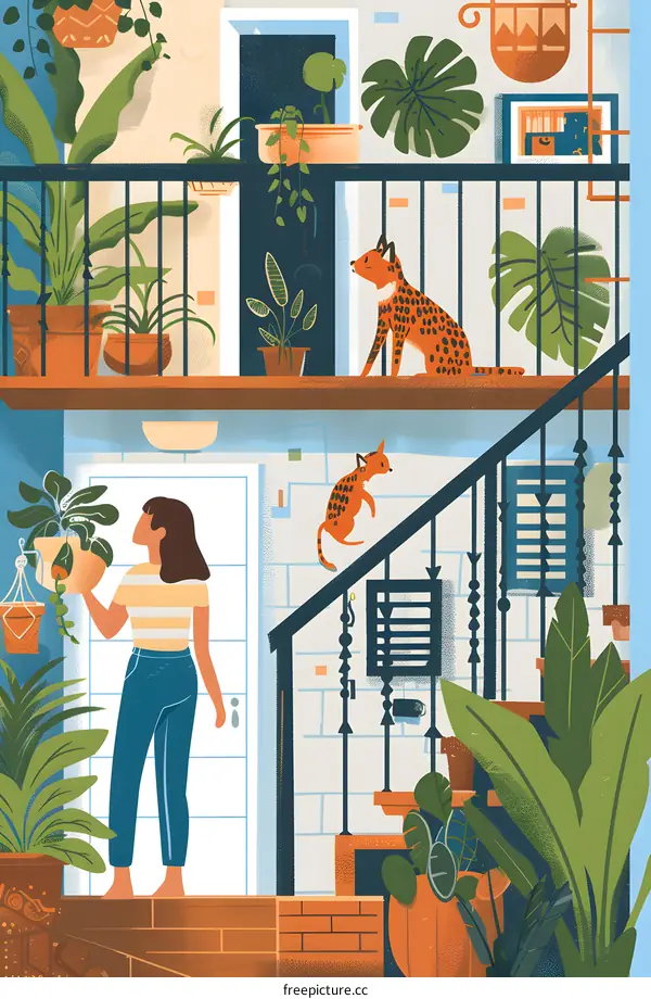 Woman Holding a Plant Near a Staircase with Cats
