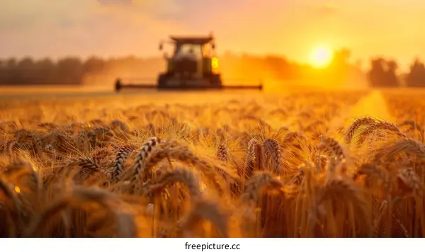 Golden wheat field with tractor harvesting in the distance during sunset