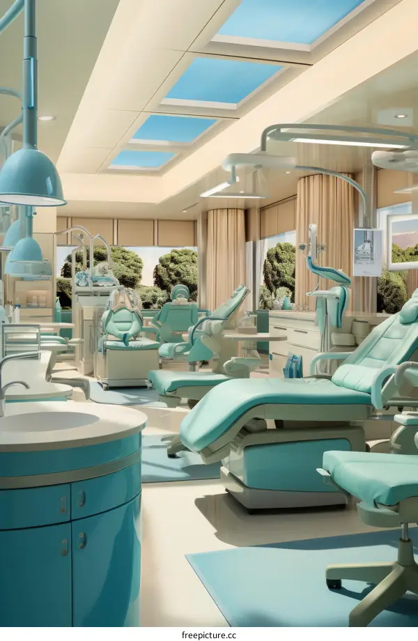 The interior of a dentist's office with mint green and white colors and large windows