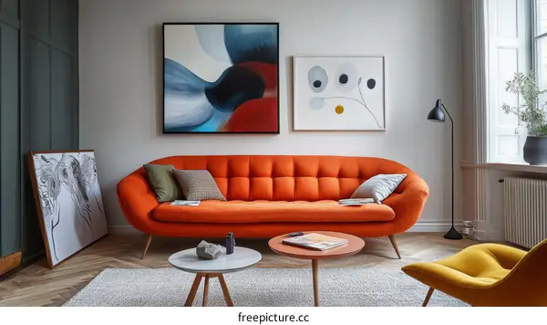 Modern Living Room Interior Design with Orange Sofa