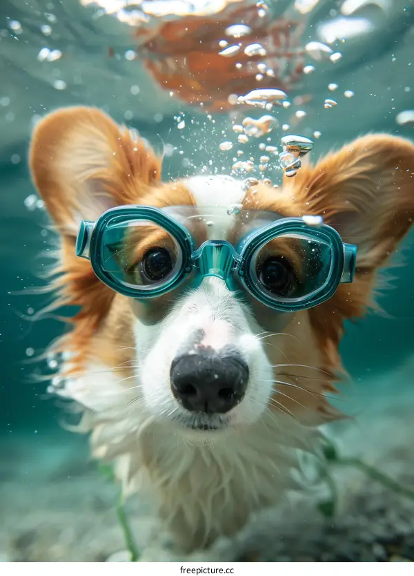 A cute dog wearing swimming goggles swims underwater