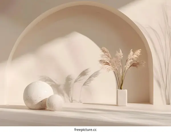 Minimalist Beige Aesthetic Background with White Balls and Dried Grass