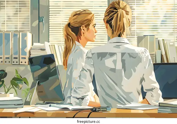 Two businesswomen looking out the office window.