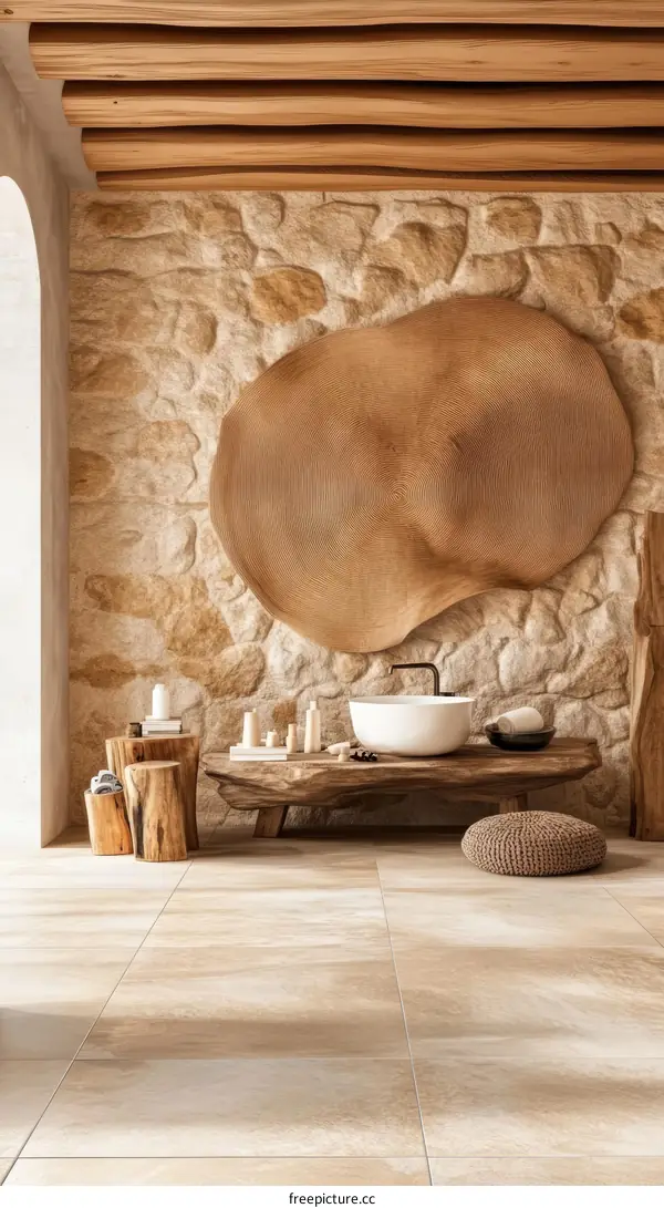 Natural Stone Bathroom with Wooden Furniture