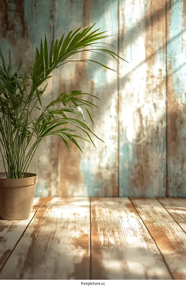 Green Plant on Rustic Wooden Table with Sun Light