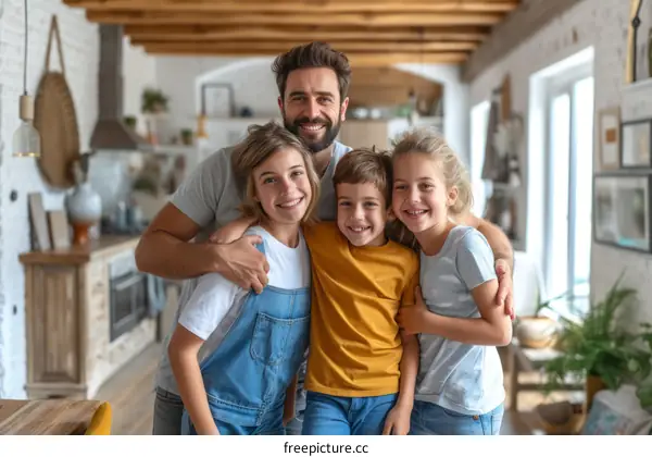 Happy family of four posing together indoors