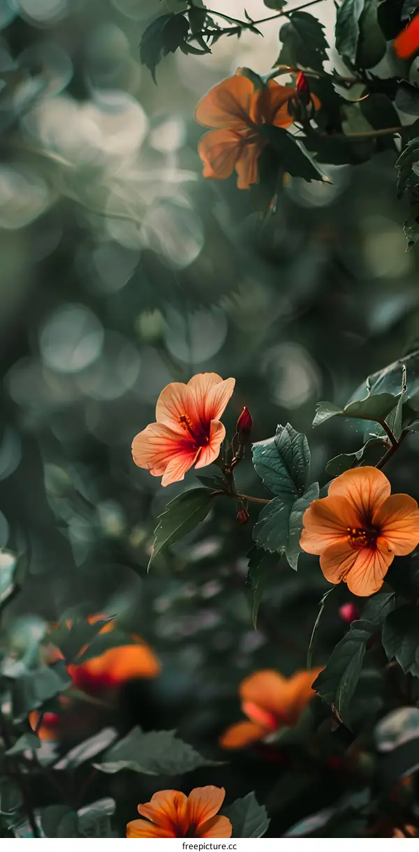 Orange Hibiscus Flowers In A Green Garden