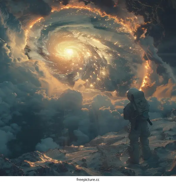 An astronaut stands on a snowy mountaintop and gazes up in awe at a glowing spiral galaxy above