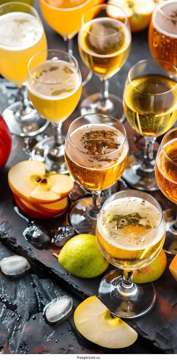 Apple Cider in Glasses with Slices of Apple and Pear