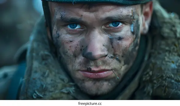 Close up portrait of a young soldier with mud on his face
