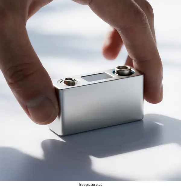 Close-up of hand holding modern silver electronic device