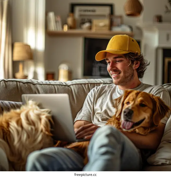 A man and his dog are sitting on a couch and looking at a laptop.