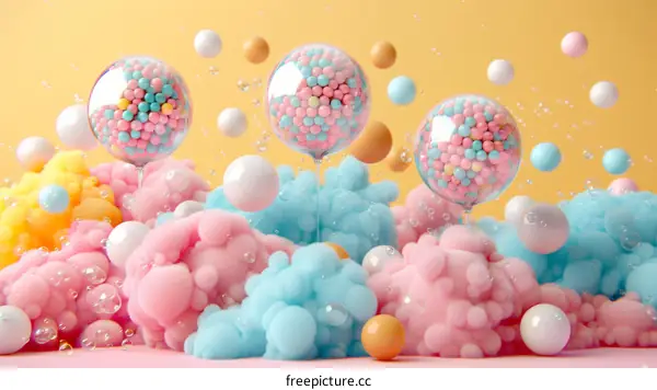 Pink and blue pastel color 3D rendering of floating balls with bubbles