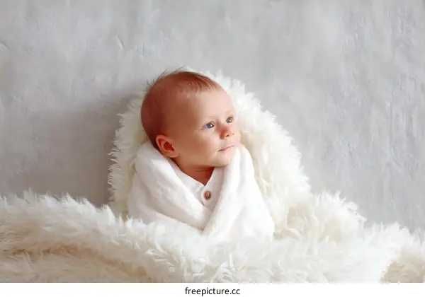 Adorable Newborn Baby Wrapped in White Blanket
