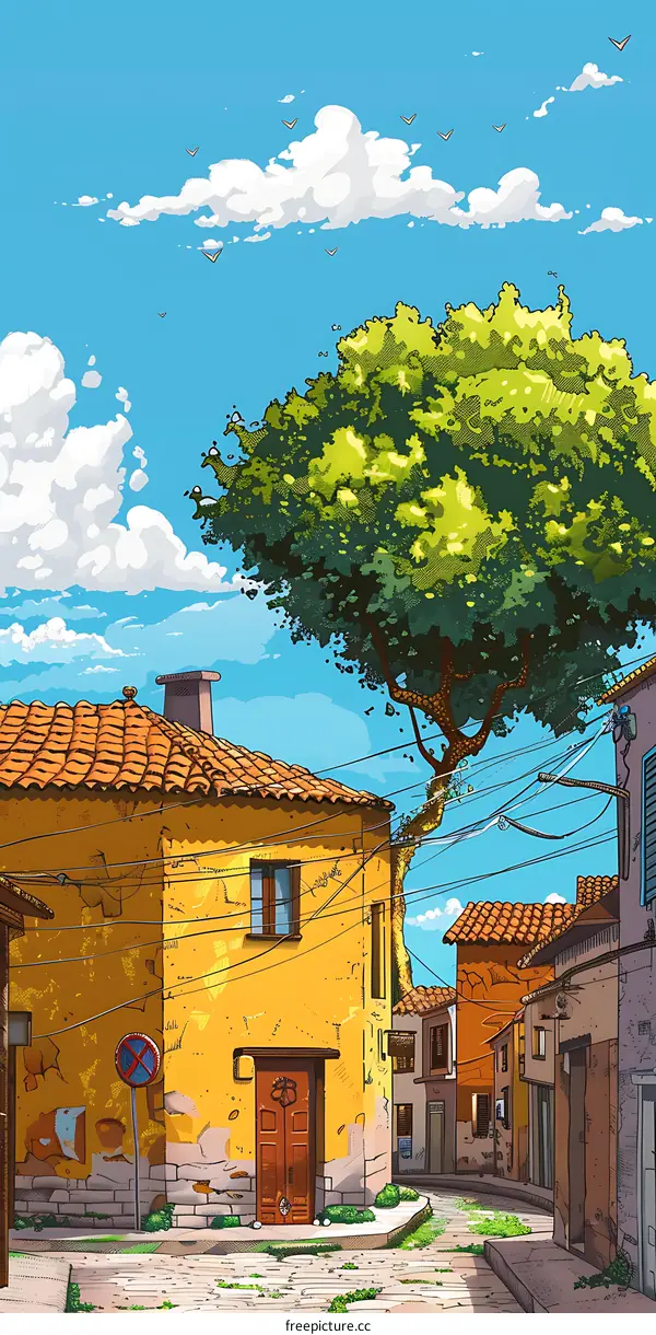 Cartoon Illustration of a Colorful European City Street Scene with a Large Tree