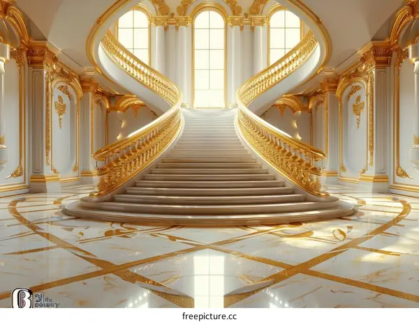 Grand Ornate Staircase with Gold Accents and Large Windows