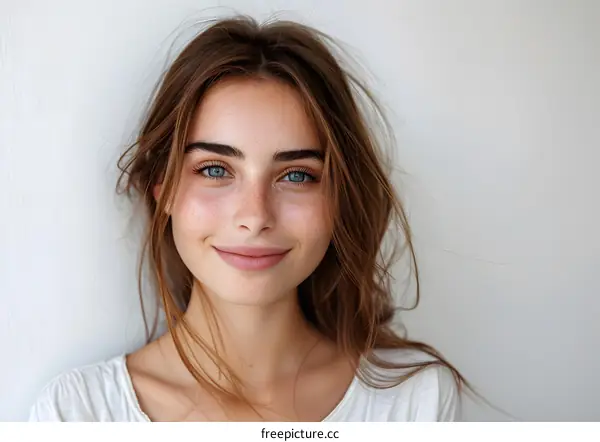 portrait of a young woman with freckles and blue eyes