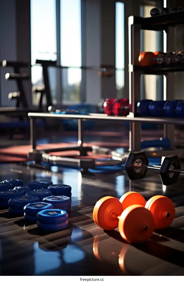 A variety of dumbbells and weight plates are neatly arranged in a fitness center