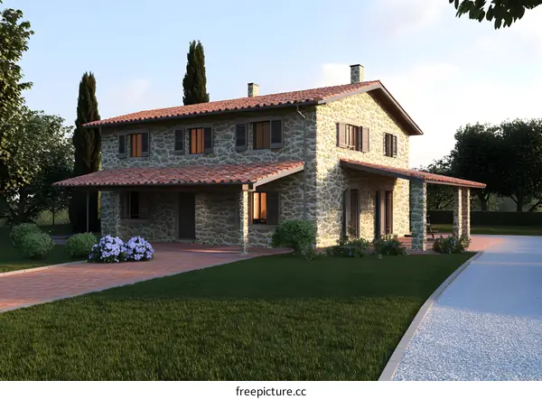 Stone Exterior Italian Country House with Red Roof and Green Lawn