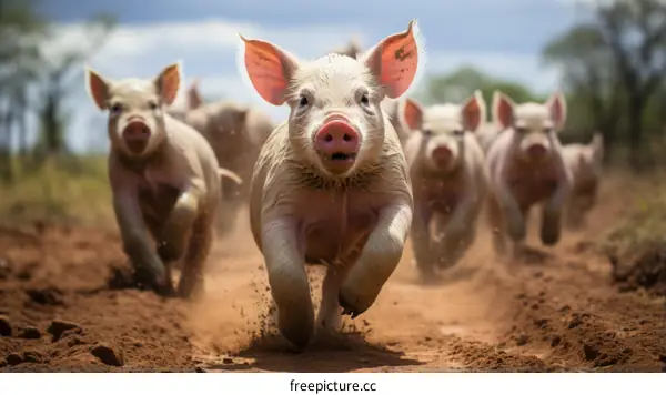 A Group of Pigs Running in a Field
