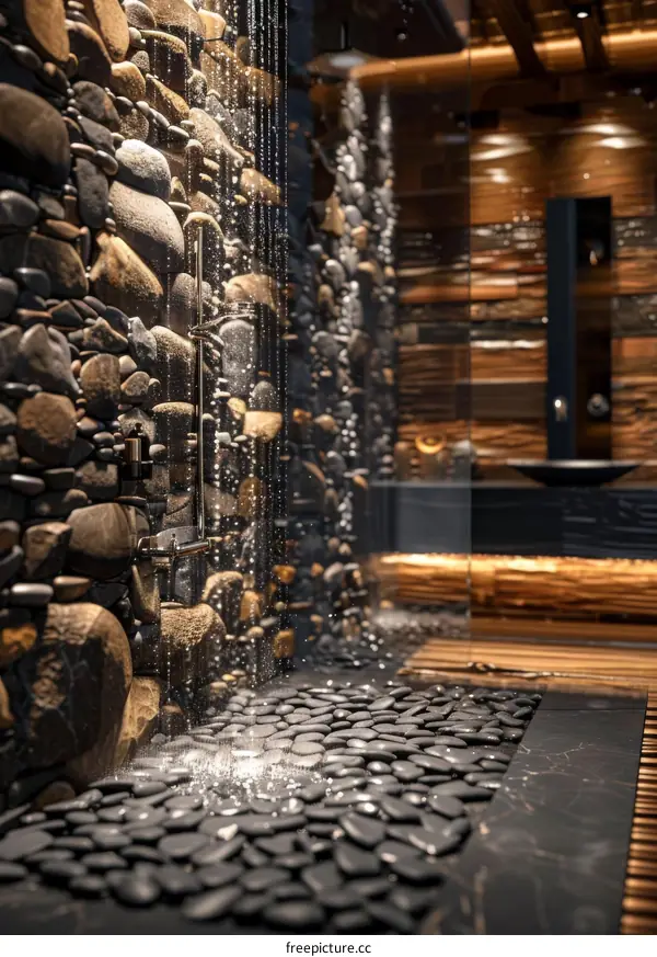 Modern bathroom interior with pebble shower