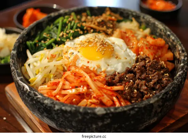 Korean food dolsot bibimbap with egg, spinach, bean sprouts, and kimchi