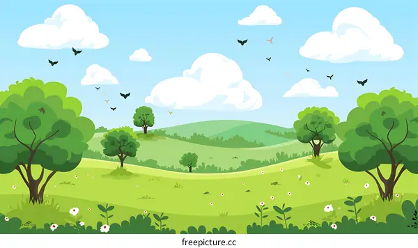 Cartoon Landscape With Green Trees And Blue Sky