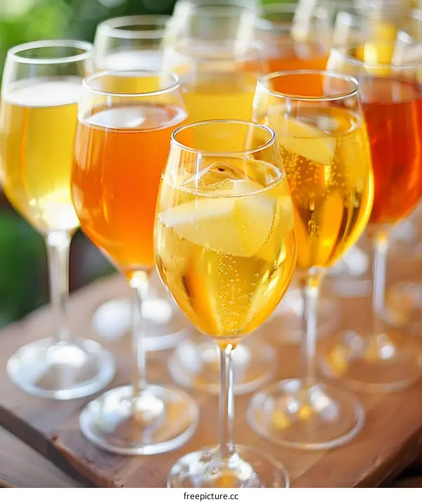 Closeup of Champagne Glasses with Sparkling Wine on a Wooden Tray