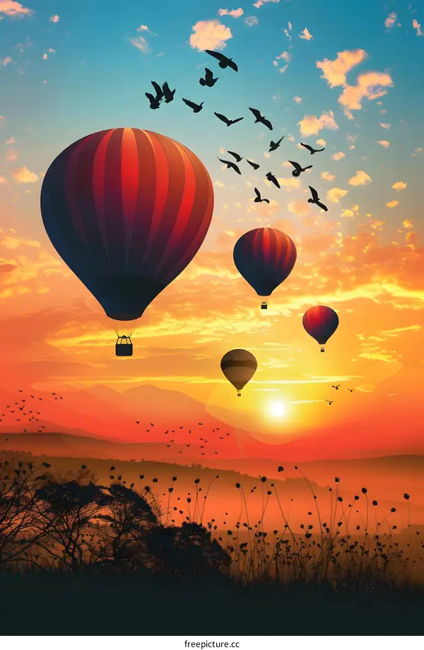 Hot Air Balloons Silhouette at Sunset Landscape
