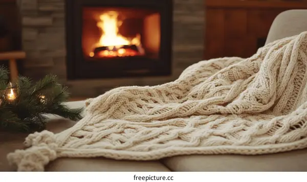 Cozy Knitted Throw Blanket by the Fireplace