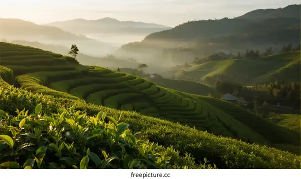 Morning Mist Over Lush Terraced Tea Plantation Scenery