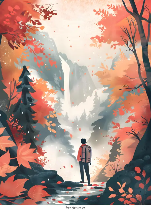 Man Standing In The Autumn Forest With Waterfall