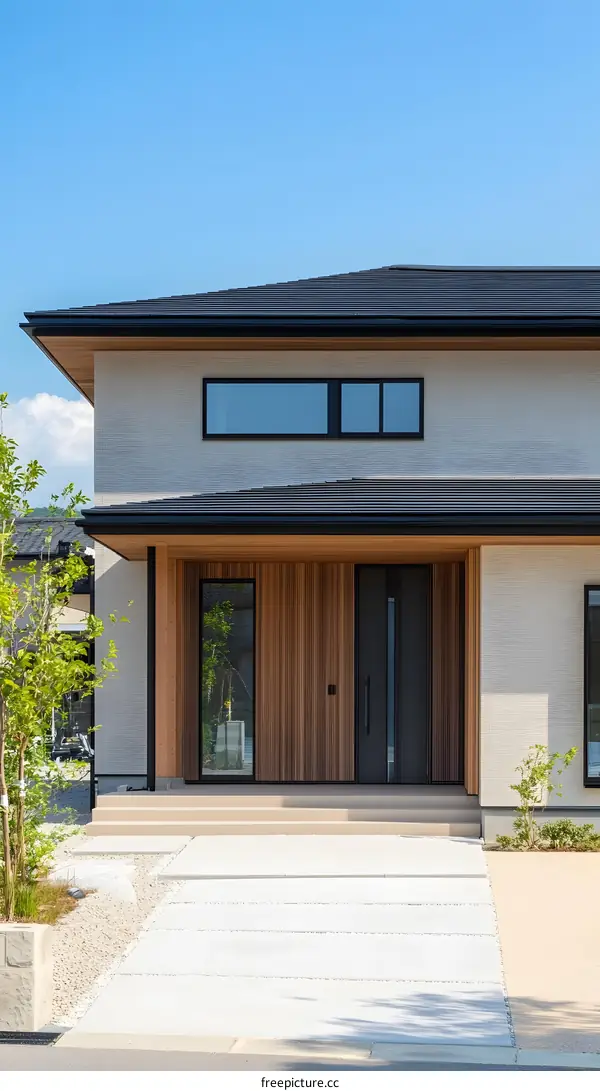 Modern Japanese House with Wooden Facade and Black Roof