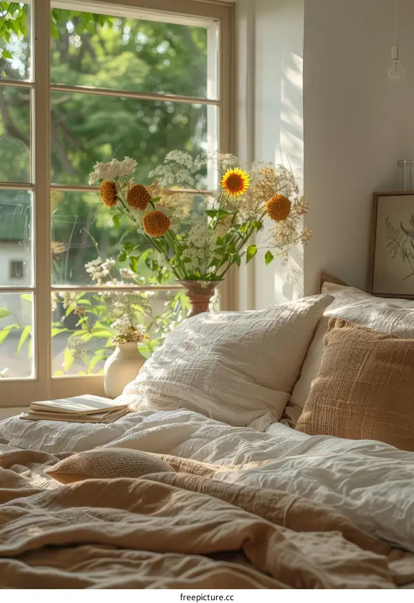 A cozy bedroom with a vase of flowers by the window