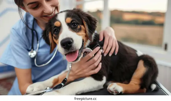 Close-up of a smiling veterinarian examining a puppy