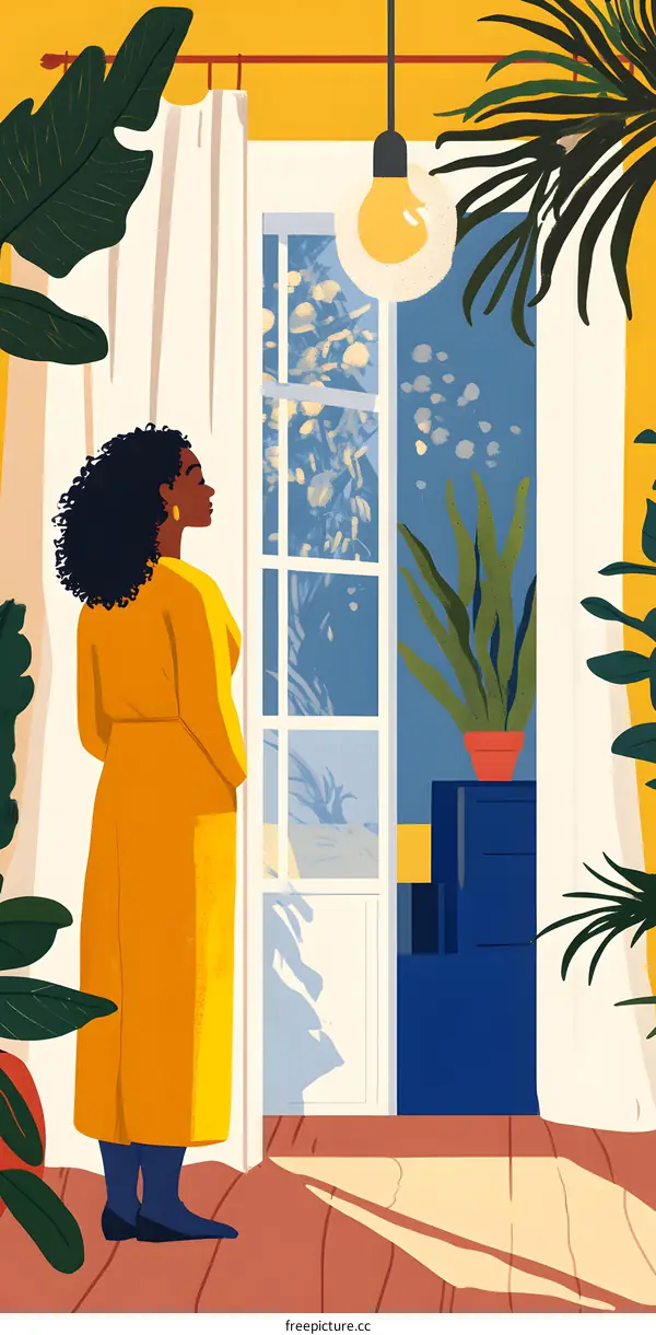 Woman in Yellow Looking Out Window