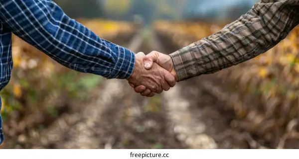 Two farmers shaking hands in a field