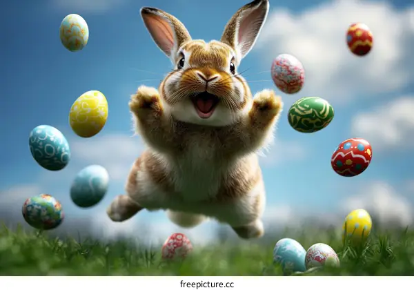 Easter Bunny Jumping with Colorful Eggs