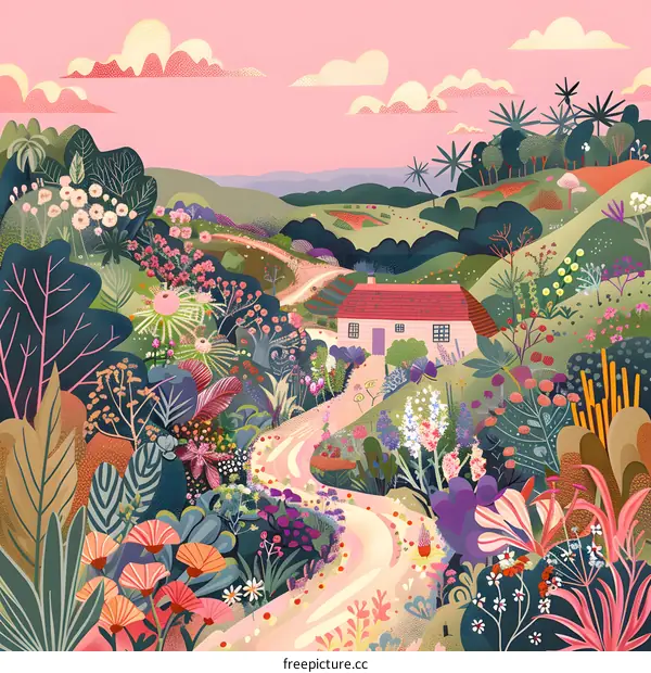 Colorful Landscape With Pink Cottage and Winding Road