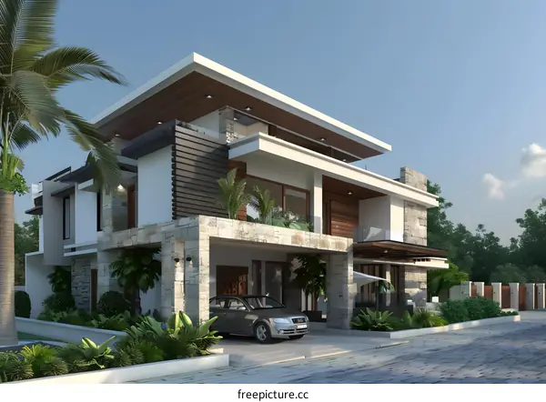 Modern Architectural Design Luxury Home Exterior With Tropical Plants