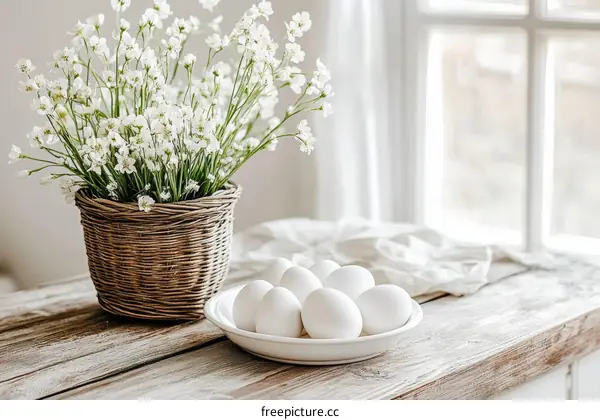 Springtime White Eggs and Flowers on a Wooden Table