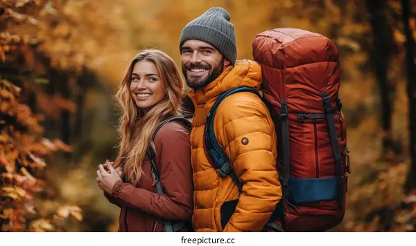 Couple Hiking in Autumn Forest with Backpacks