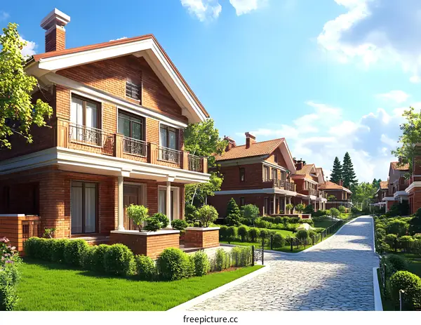 Brick Houses on a Cobblestone Street in a Residential Area